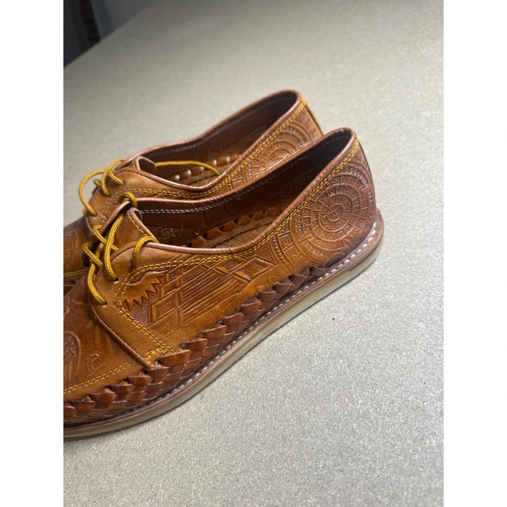Artisanias Chavez Mens Tan Leather Aztec Eagle Tooled Huarache Oxford Shoes‎ 9